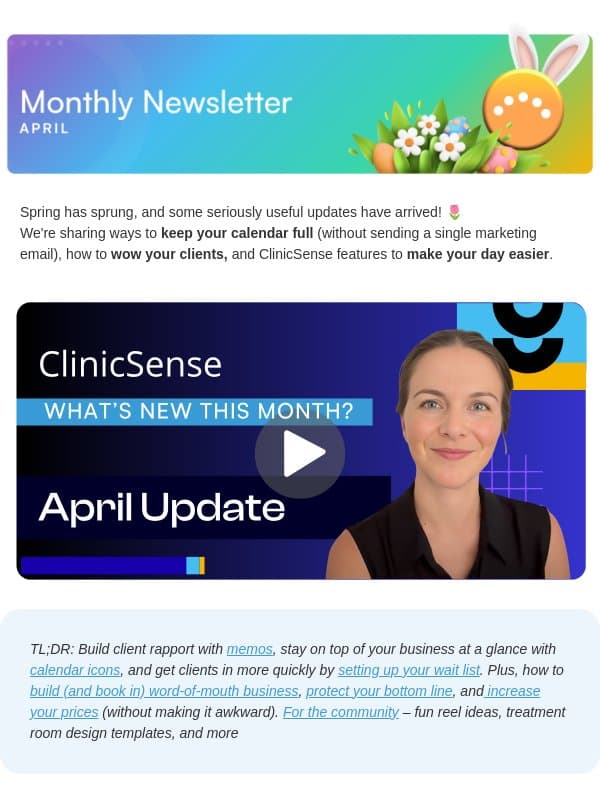 Referrals, Relationships, Revenue 💪 April Newsletter email from ClinicSense