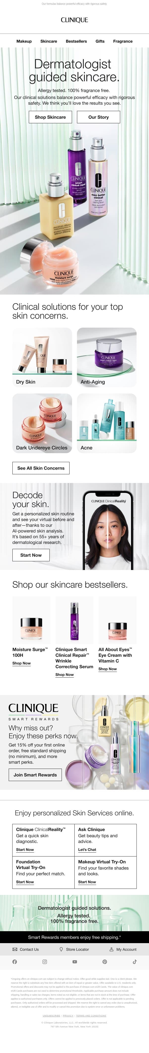 Skincare that gets visible results. Allergy tested, 100% fragrance free. email from Clinique screenshot