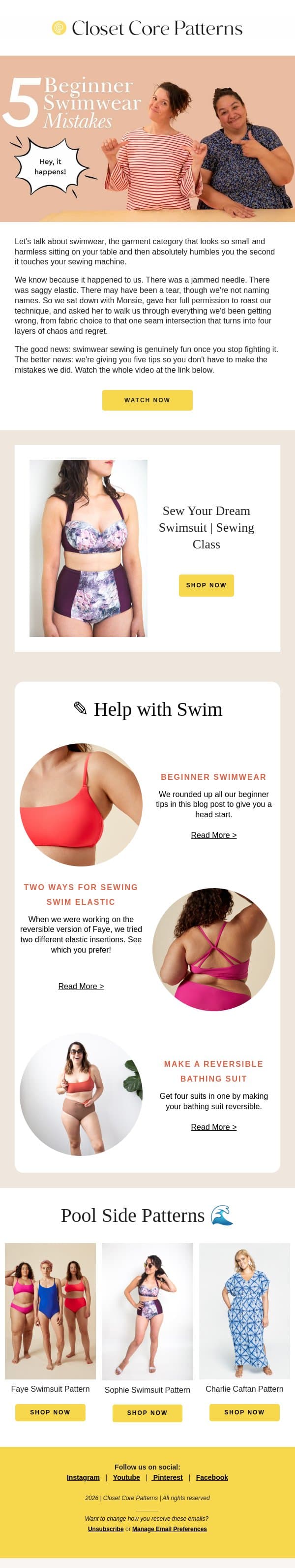 We've made all the mistakes sewing swimwear, so you don't have to! email from Closet Core Patterns screenshot