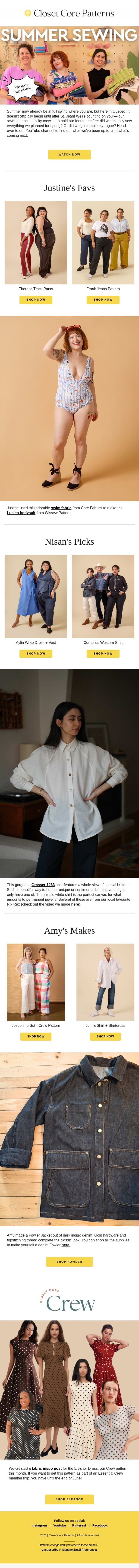 What We're Sewing for Summer! email from Closet Core Patterns screenshot