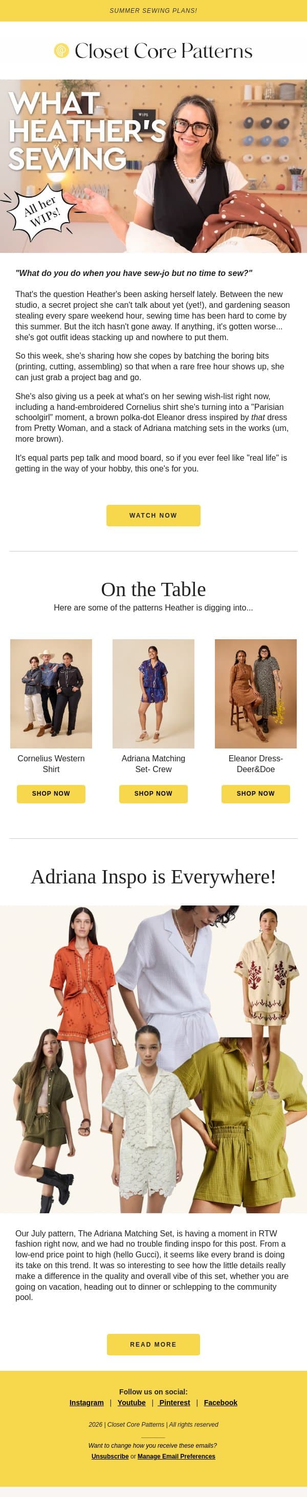 What Heather is sewing this summer! email from Closet Core Patterns screenshot