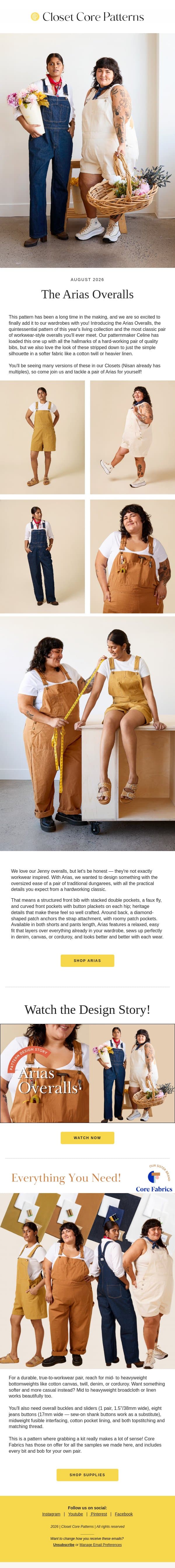 Meet the Arias Overalls email from Closet Core Patterns screenshot