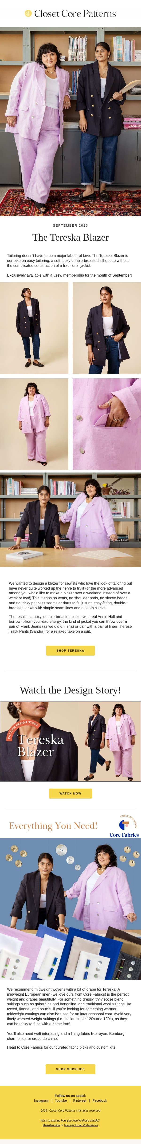 Meet the Tereska Blazer! email from Closet Core Patterns screenshot