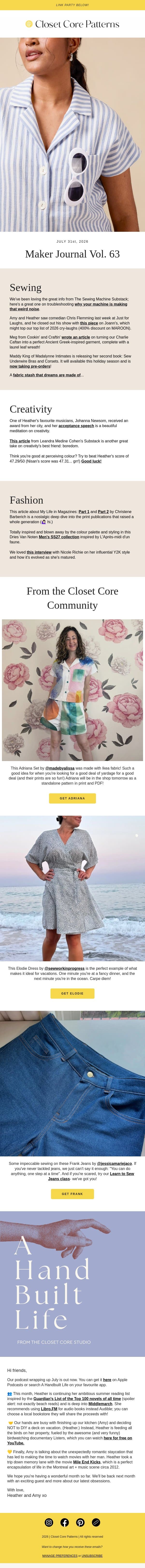 Maker Journal Vol. 63 email from Closet Core Patterns screenshot