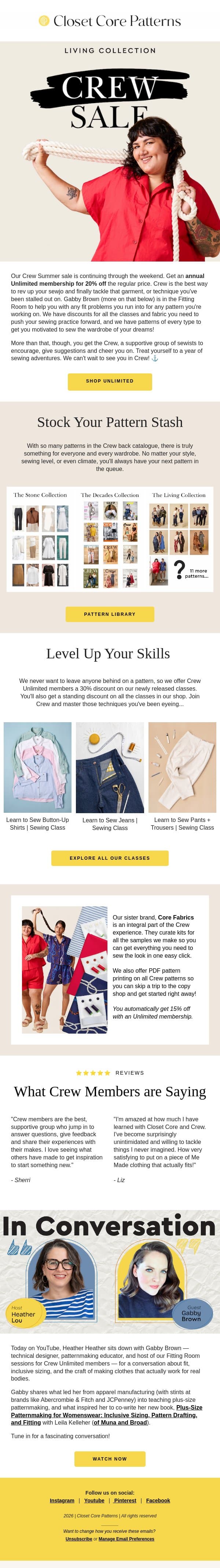 Don't Miss Out on Our Unlimited Sale! email from Closet Core Patterns screenshot