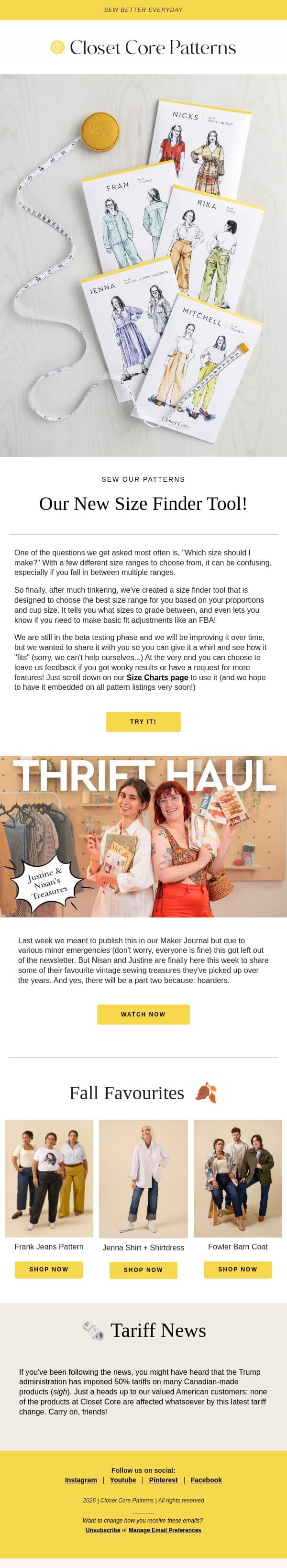 Try Our New Size Finder! email from Closet Core Patterns screenshot