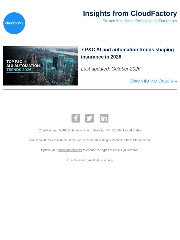 7 P&C AI and automation trends shaping insurance in 2026 email from CloudFactory Nepal screenshot