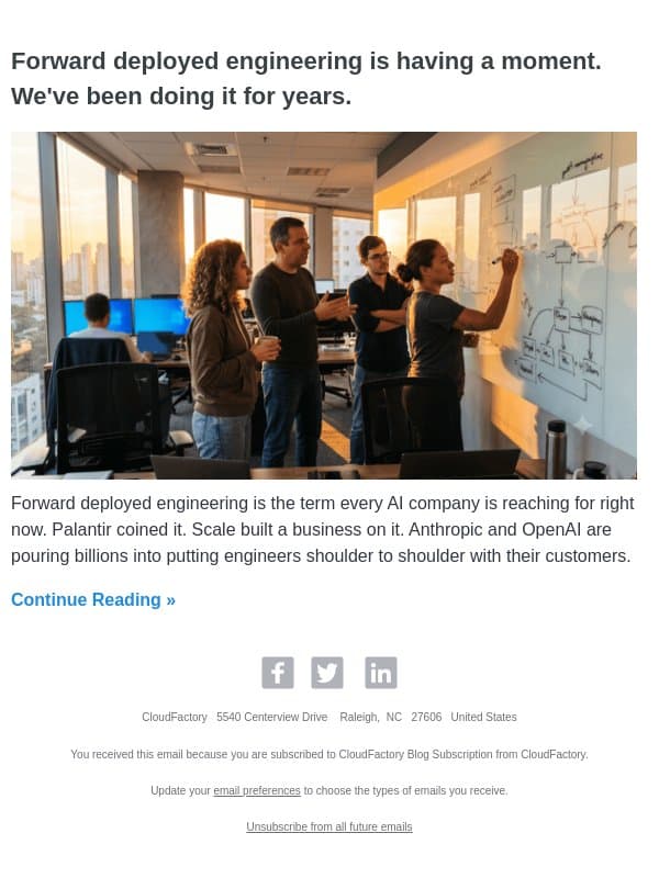 Forward deployed engineering is having a moment. We've been doing it for years. email from CloudFactory Nepal screenshot