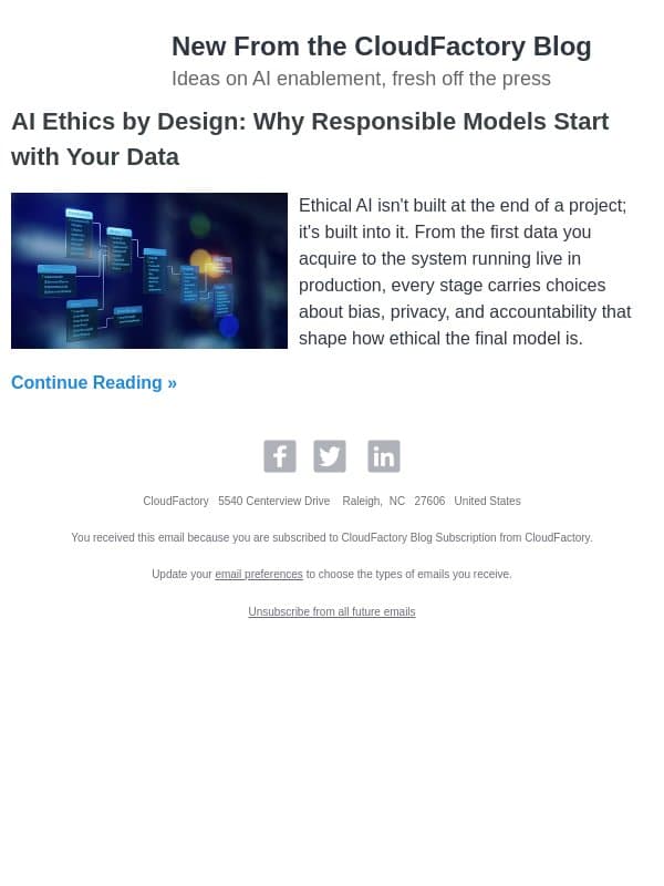 AI Ethics by Design: Why Responsible Models Start with Your Data email from CloudFactory Nepal