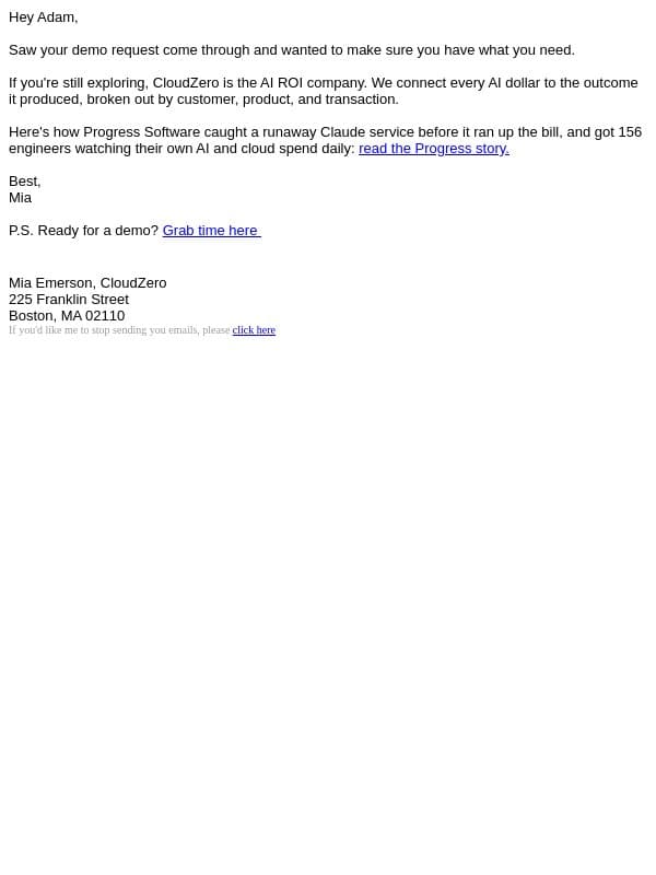 Get your meeting scheduled? email from CloudZero screenshot