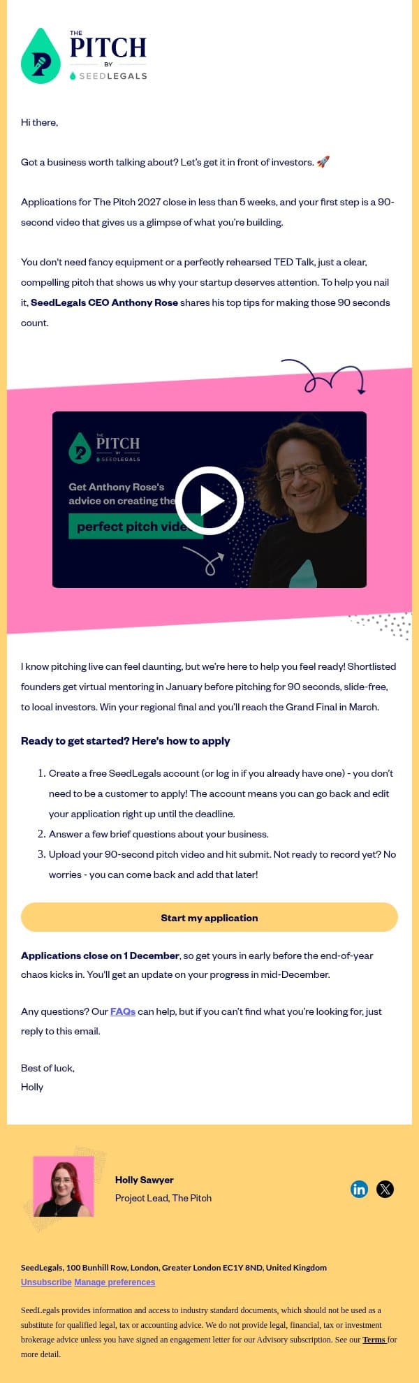 Perfect your pitch video and get noticed... email from Club GLOBALS screenshot