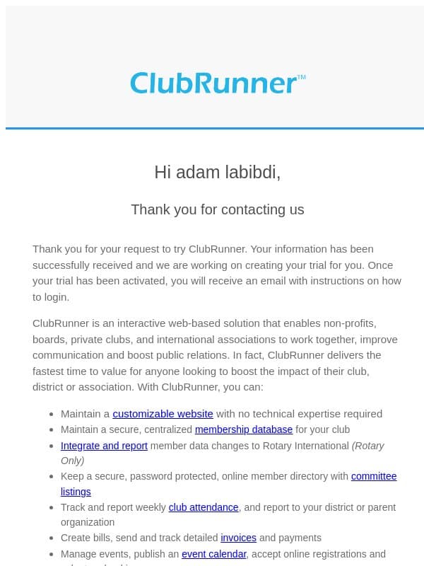 Thank you for your ClubRunner trial request! email from ClubRunner