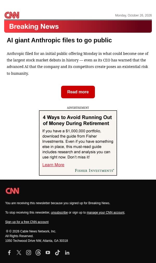 AI giant Anthropic files to go public email from CNN screenshot