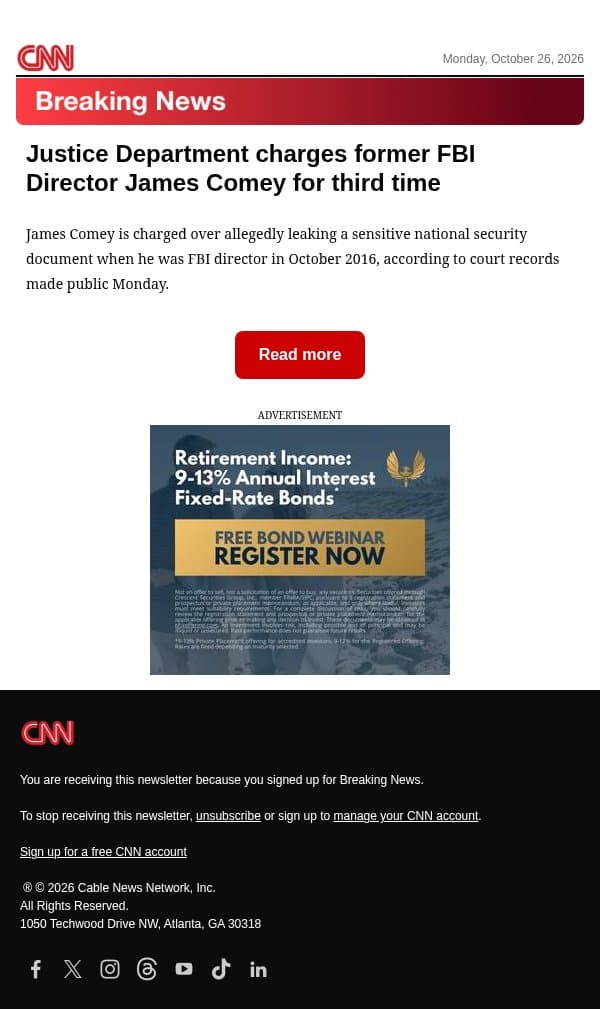 Justice Department charges former FBI Director James Comey for third time email from CNN screenshot