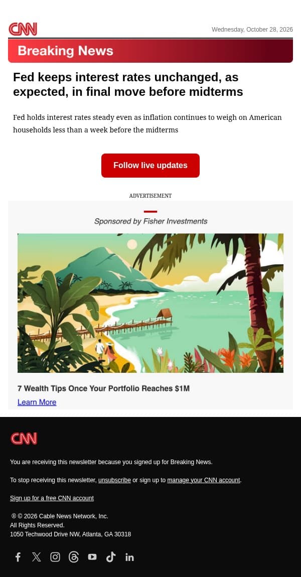 Fed keeps interest rates unchanged, as expected, in final move before midterms email from CNN screenshot