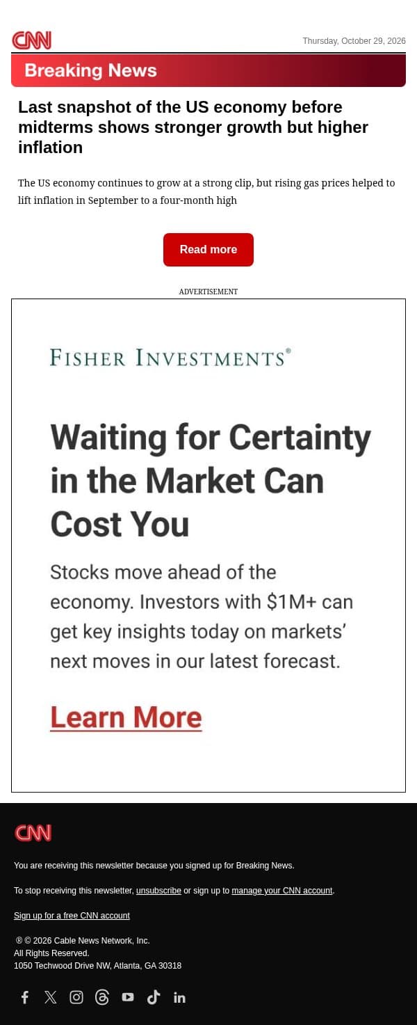 Last snapshot of the US economy before midterms shows stronger growth but higher inflation email from CNN screenshot