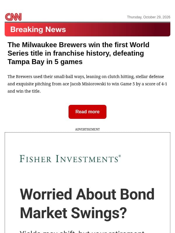The Milwaukee Brewers win the first World Series title in franchise history, defeating Tampa Bay in 5 games email from CNN