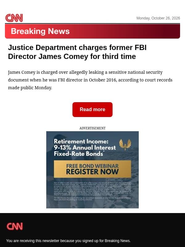 Justice Department charges former FBI Director James Comey for third time email from CNN