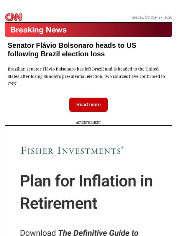 Senator Flávio Bolsonaro heads to US following Brazil election loss email from CNN