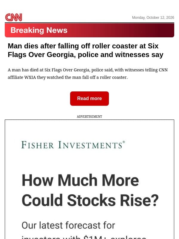 Man dies after falling off roller coaster at Six Flags Over Georgia, police and witnesses say email from CNN