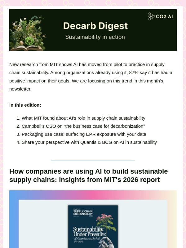 Hi there, MIT data finds AI is paying off in sustainability for 87% of adopters email from CO2 AI