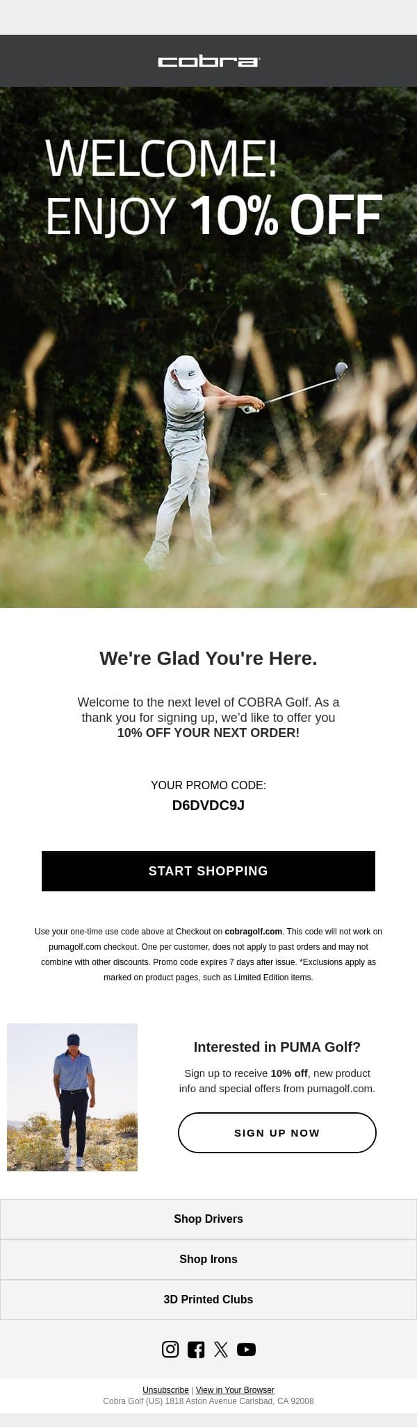 Welcome to COBRA Golf email from COBRA Golf screenshot