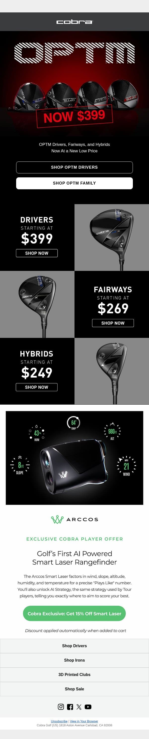 OPTM Drivers - Now Available Starting At $399 email from COBRA Golf screenshot