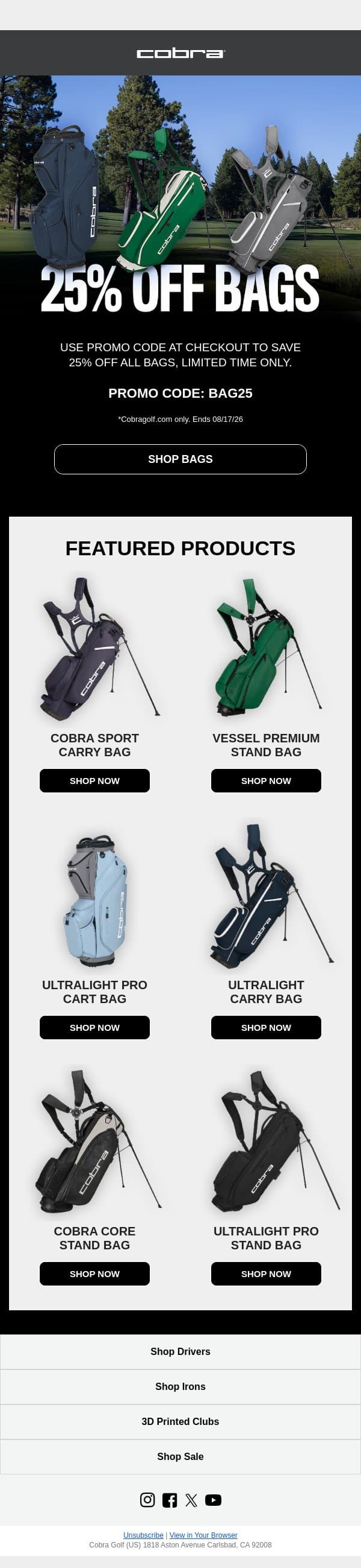 Limited Time: 25% Off All Golf Bags email from COBRA Golf screenshot