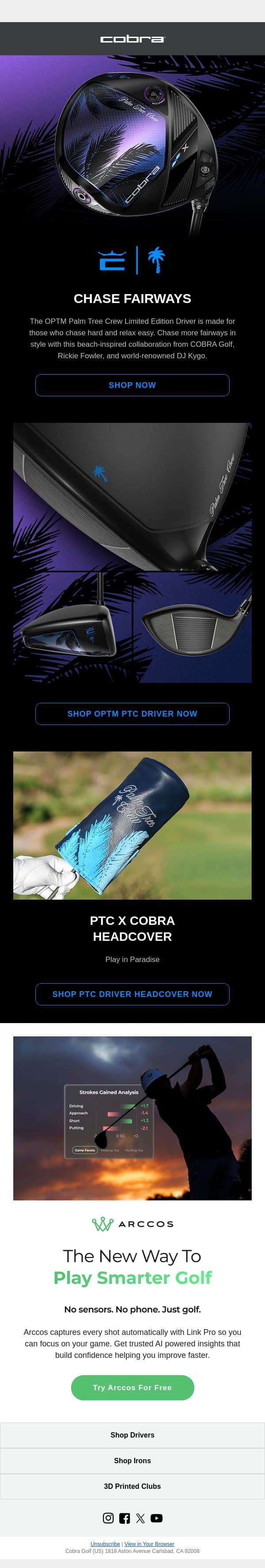 New Limited Edition OPTM X Palm Tree Crew Driver email from COBRA Golf screenshot