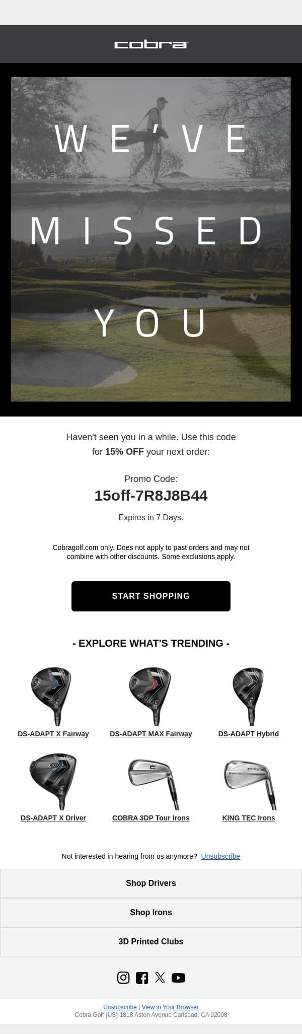 Your 15% Off Code Is Waiting email from COBRA Golf screenshot