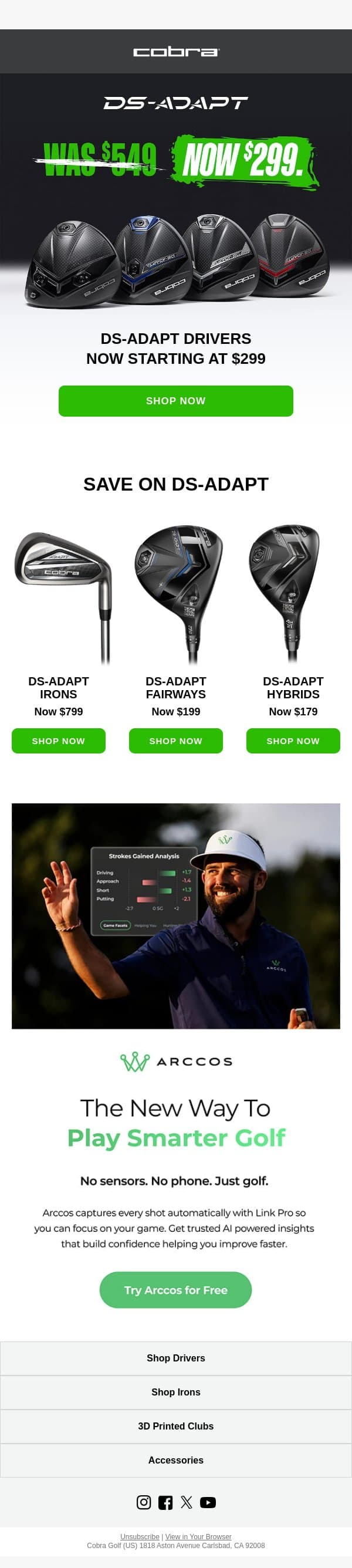 DS-ADAPT Drivers - New Lower Prices email from COBRA Golf screenshot