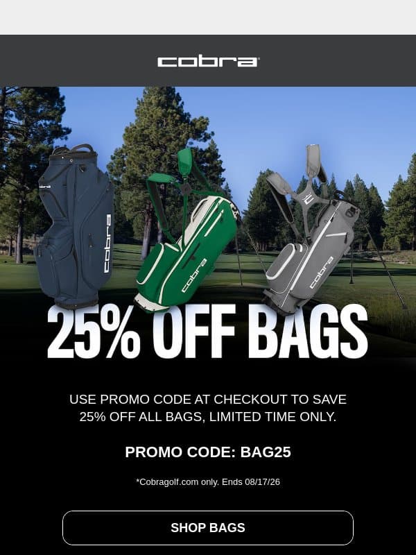 Limited Time: 25% Off All Golf Bags email from COBRA Golf