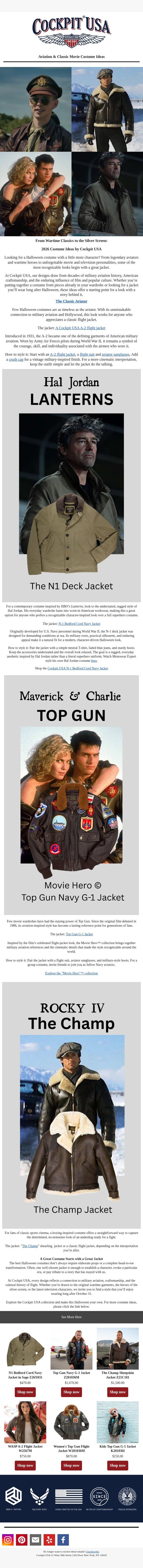 Aviation & Classic Movie Costume Ideas email from Cockpit USA screenshot