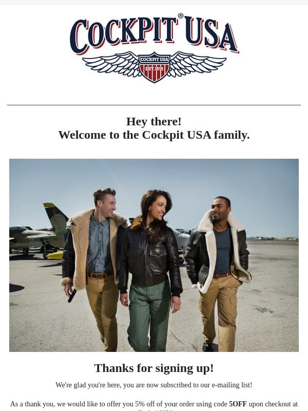 Welcome to the Cockpit USA Family! email from Cockpit USA