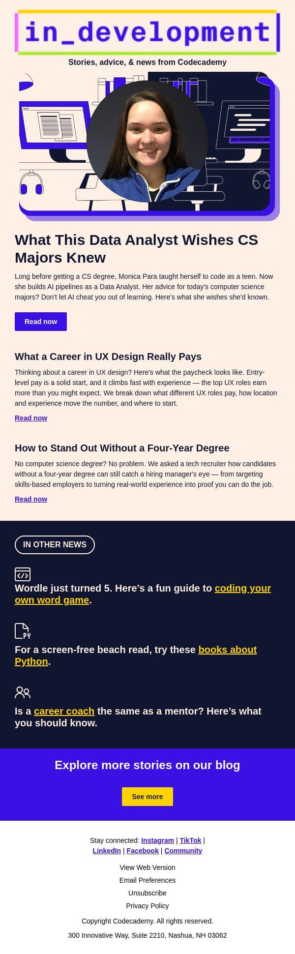 The habit this Data Analyst says CS majors should drop email from Codecademy screenshot