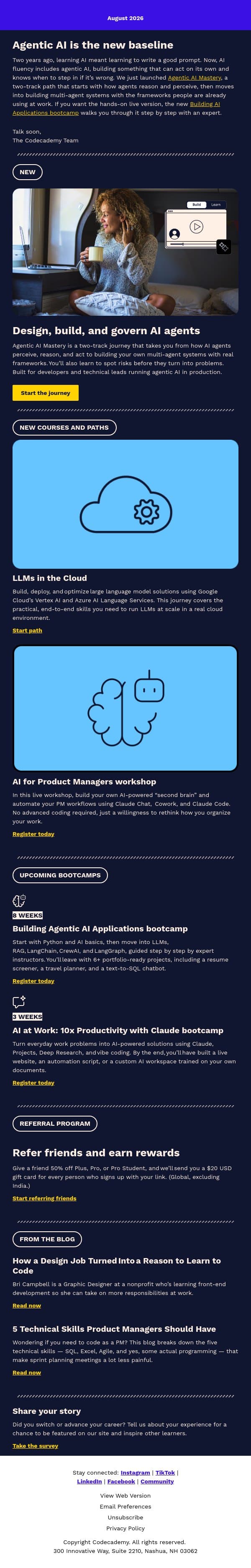 August newsletter: Two ways into agentic AI this month email from Codecademy screenshot