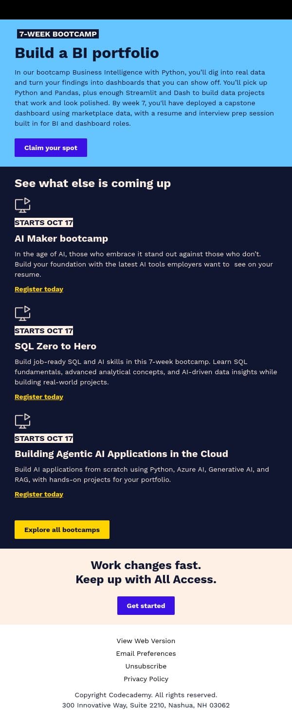 Go from spreadsheets to Python dashboards email from Codecademy screenshot