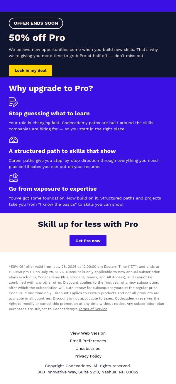 Extended: 50% off Pro email from Codecademy screenshot