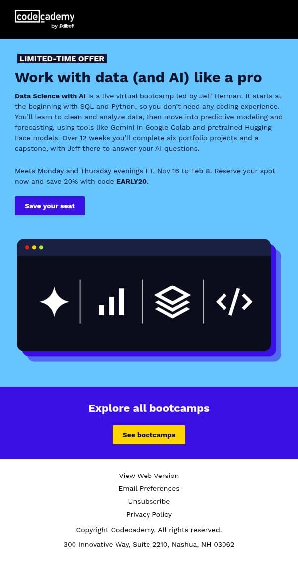 NEW: Build the data skills to be AI-fluent email from Codecademy screenshot