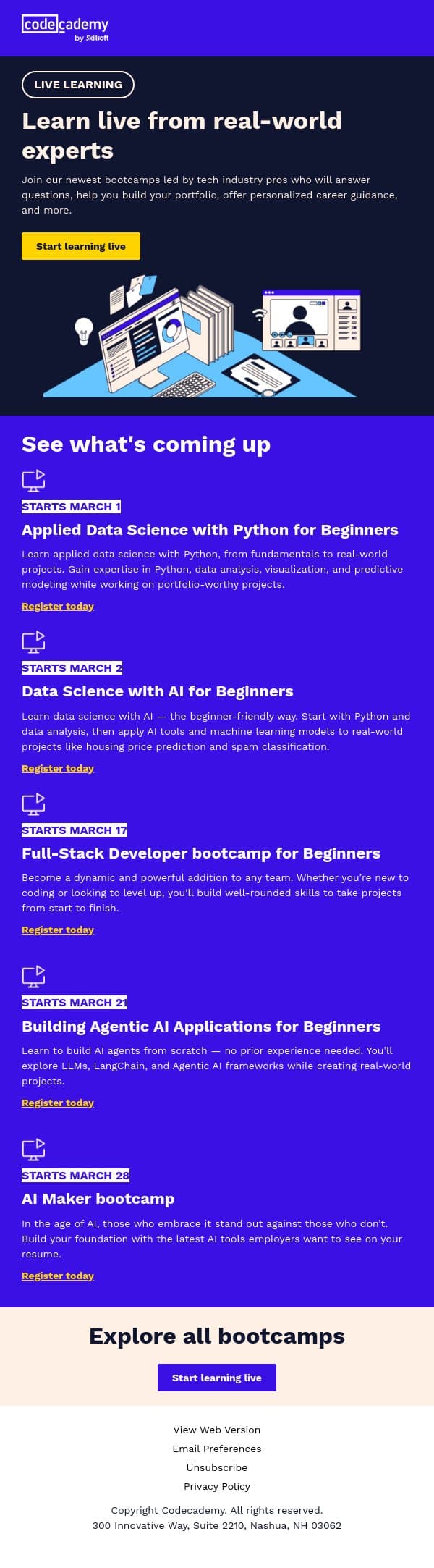 Prefer learning live from tech pros? email from Codecademy screenshot