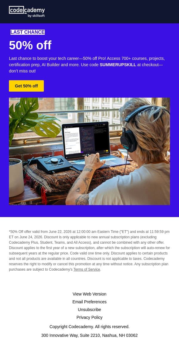 Final hours to save 50% email from Codecademy screenshot
