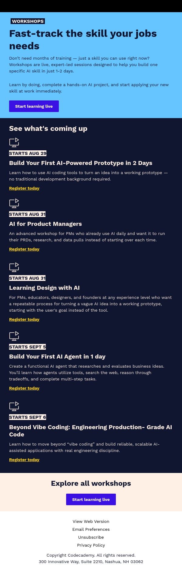 Build an AI prototype in 2 days live with an expert email from Codecademy screenshot