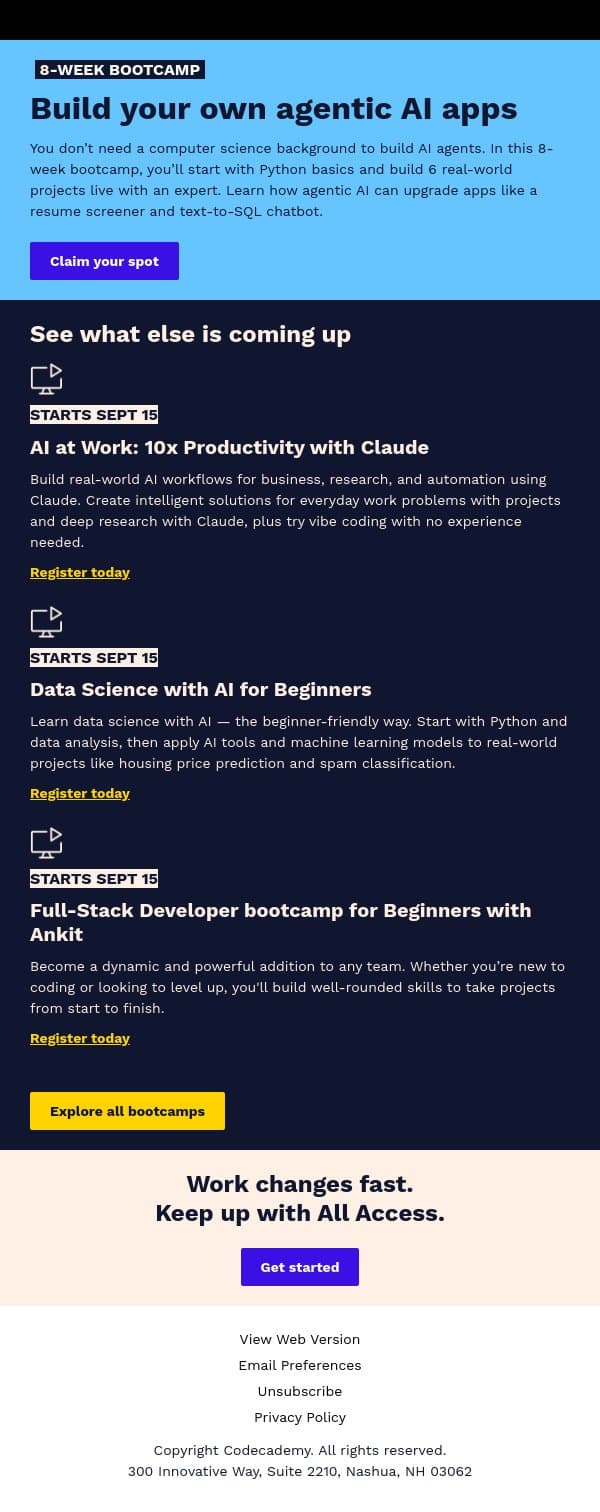 Build agentic AI apps in 8 weeks email from Codecademy screenshot