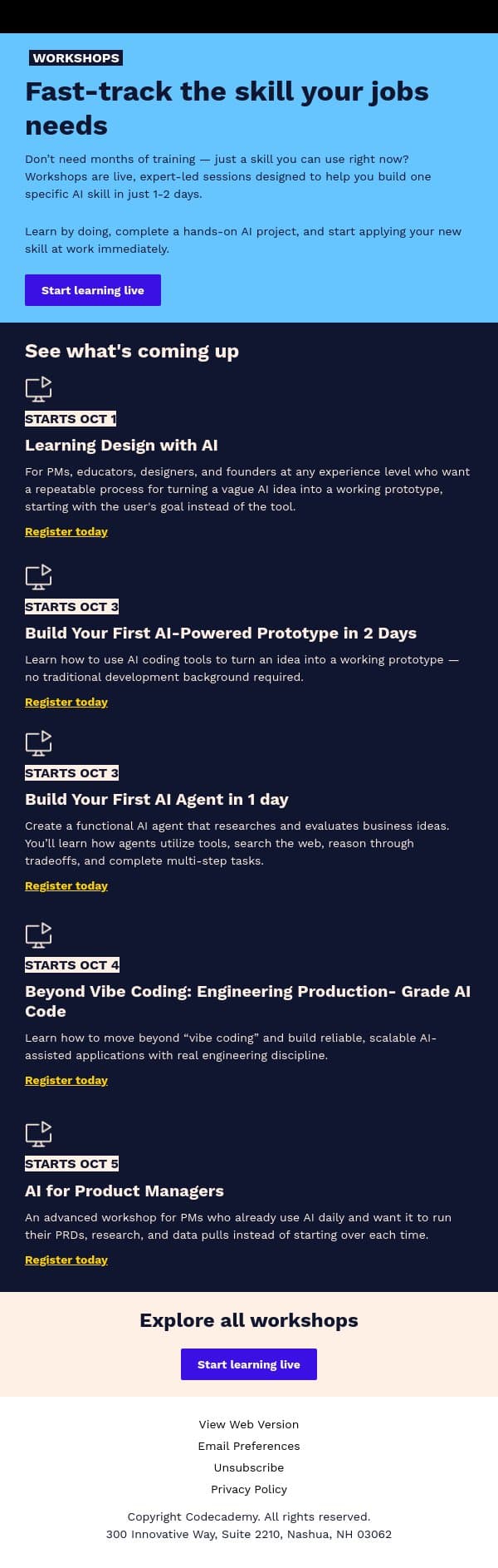 Build an AI agent in 1 day and more live workshops email from Codecademy screenshot