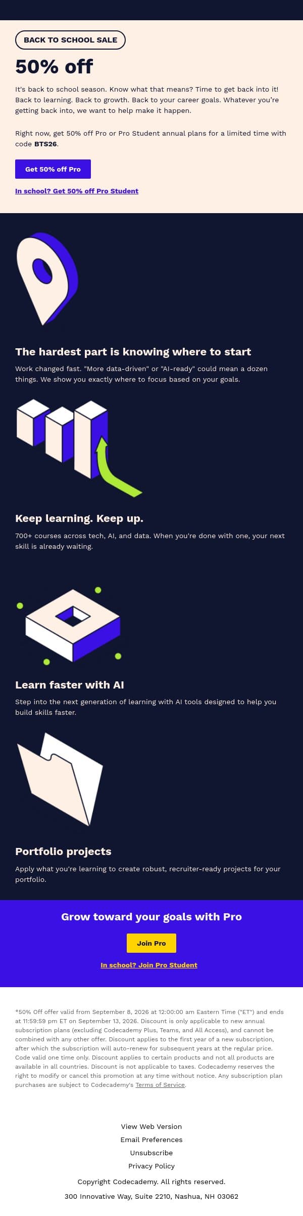 Here’s 50% off to get back to growth email from Codecademy screenshot
