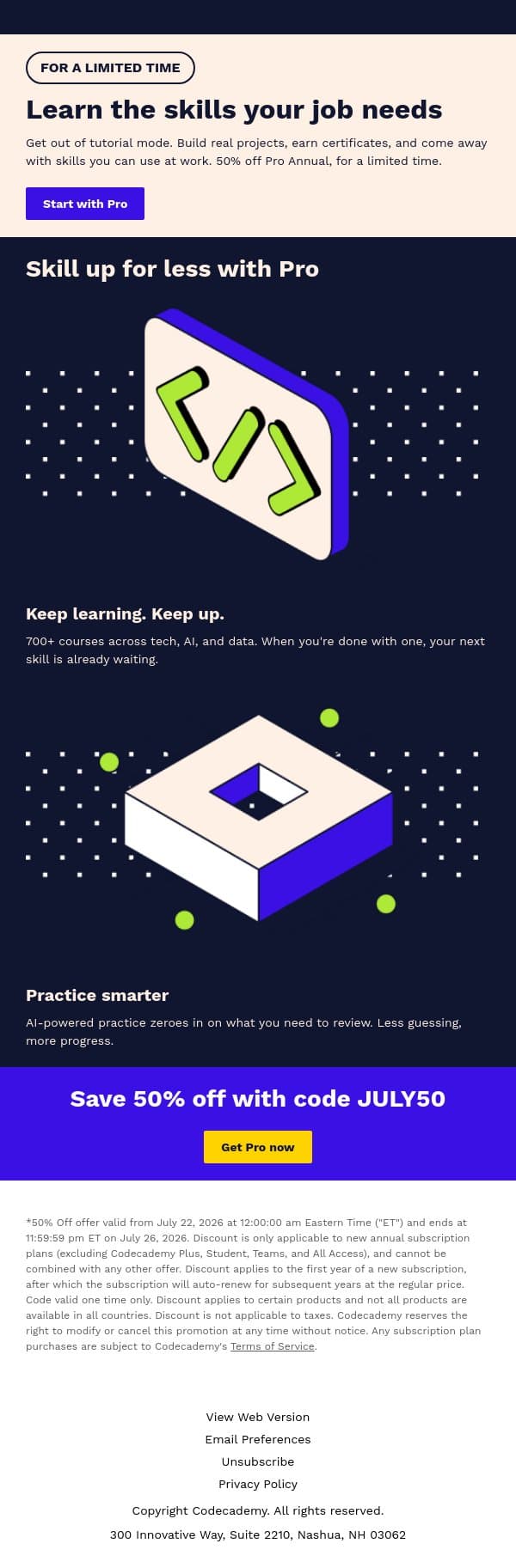 Save 50% when you join Pro today email from Codecademy screenshot