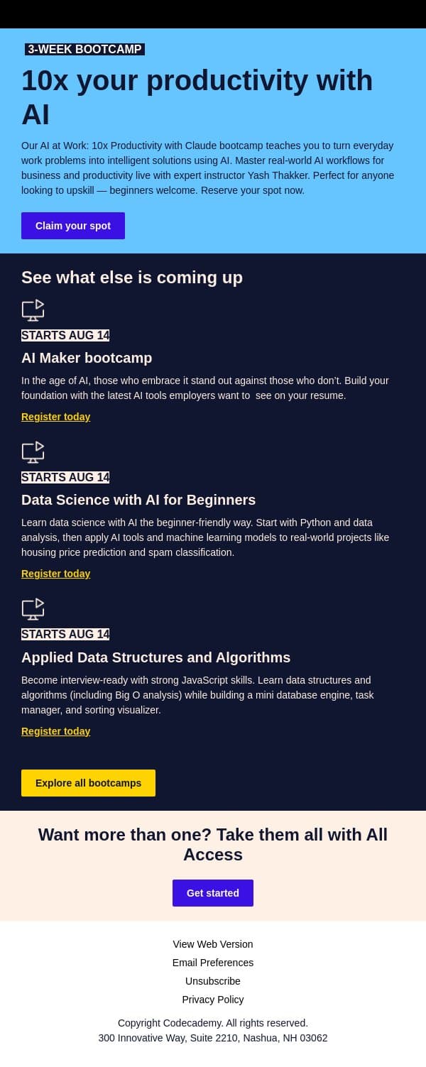 Build productivity-boosting AI tools in 3 weeks email from Codecademy screenshot