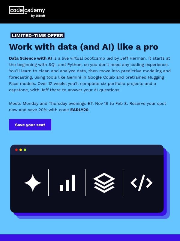 NEW: Build the data skills to be AI-fluent email from Codecademy
