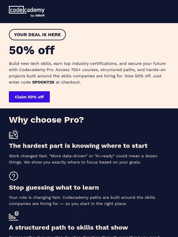 Save 50% on Codecademy Pro email from Codecademy