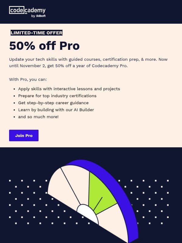 LIMITED-TIME: 50% off Pro Annual email from Codecademy